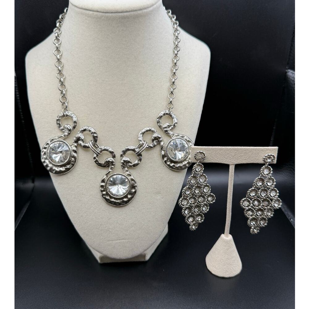 Boutique Silver Tone Bling Necklace & Chandelier Earrings